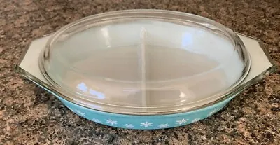 Buy Vintage Pyrex Gaiety Divided Vegetable Dish With Lid Turquoise Blue Snowflake • 14.99£