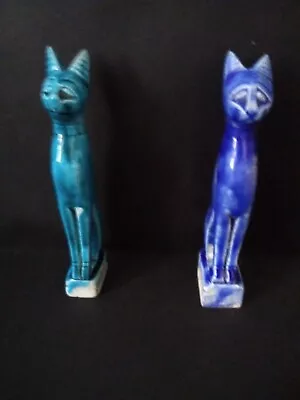 Buy Set Of 2 Egyptian Style Ceramic Cat Figurines - Turquoise & Dark Blue • 9.99£