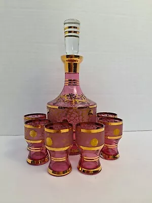 Buy Vintage Bohemian Cranberry  Glass Decanter With 6  Shot Glasses • 90.13£