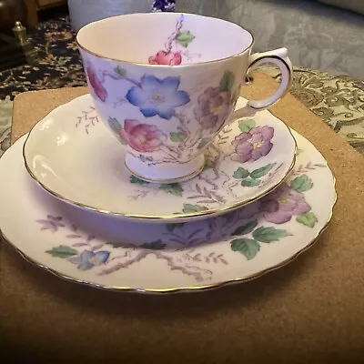 Buy Pink Tuscan China Trio Teacup,Saucer,Plate,Red Blue And Purple Flowers 1940/50s • 5£
