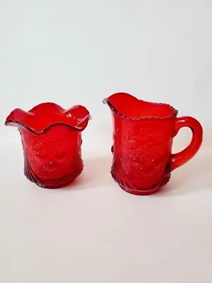 Buy Vintage L.G.Wright Ruby Red Glass Cherry Pattern Small Pitcher Creamer And Sugar • 28.25£