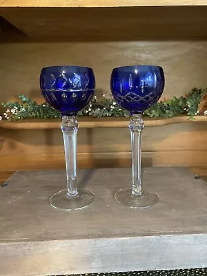 Buy Set Of 2 Cut To Clear Czech Cobalt Blue Hock Wine Glasses Bohemian Faceted NICE • 33.78£
