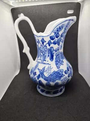 Buy Vintage Pottery Blue And White Fish Jug Pitcher Signed • 15£