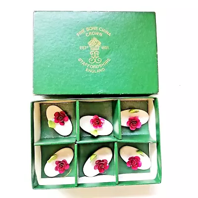 Buy Boxed Vintage Crown Staffordshire Bone China Floral Place Card Holders Set Of 6 • 0.99£