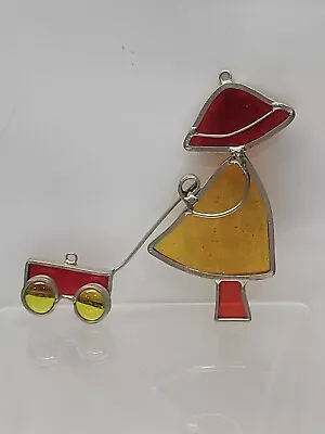 Buy Vintage Stained Glass Window Sun Catcher Hanger Girl Pulling Wagon • 5.68£
