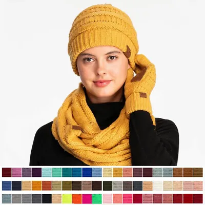 Buy C.C Unisex 3pc Set Soft Ribbed Cable Knit Stretch Beanie Gloves And Scarves • 48.20£