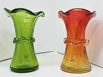 Buy Vintage Crackle Glass Mini Vase Green &  Amberina 1949-69 3 & 1/2  Ruffled Top • 14.39£