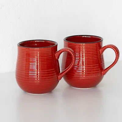 Buy Set Of 4 Large 400ml Red Glazed Mugs Ribbed Stoneware Tea Coffee Soup Barrel Cup • 36.10£