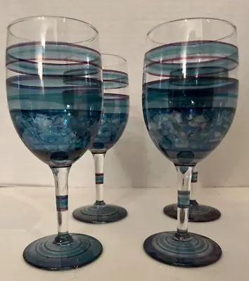 Buy Set Of Four 6 Oz Blue Purple Striped Smoke Effect White Wine Glasses 7In Signed • 20.11£