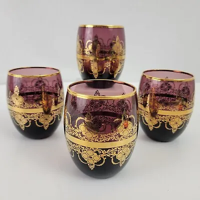 Buy 4 Vintage Amethyst And Gold Glasses, Murano, Purple, 3 1/8  Tall Cordial Glass  • 37.95£