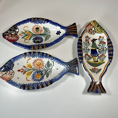 Buy 3 X Henriot Quimper 10.5x 5  Fish Dish / Plate Signed Man /woman? Breton Flowers • 99.99£