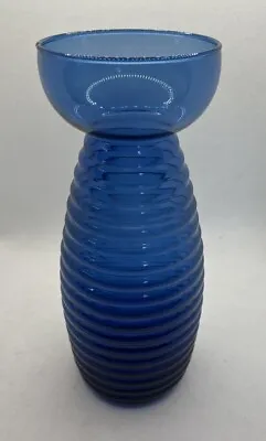 Buy Vintage Cobalt Blue Ringed Glass Vase Wide Mouth Bulb Forcing Ribbed Hyacinth • 8£