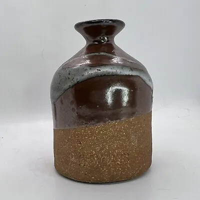 Buy Studio Pottery Vase Brown Glaze Unglazed Bottom Turquoise 1973 • 19.25£