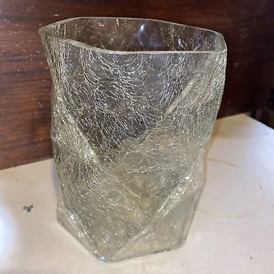 Buy Geometric Thick  Heavy Art Glass Clear Crackle Finish Vase 7x5 Deco Modern • 27.85£