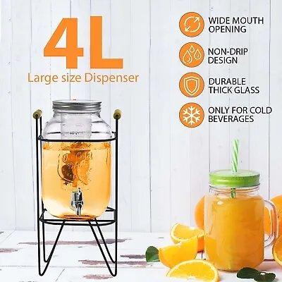 Buy 4L/8L Glass Vintage Beverage Drinks Dispenser On Metal Stand Cocktail Jar & Tap • 15.85£