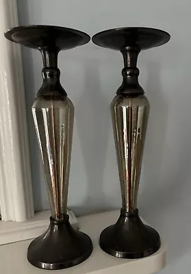 Buy Pair Vintage MCM Smoked Glass & Metal Pillar Candlesticks 34cm Tall • 45£