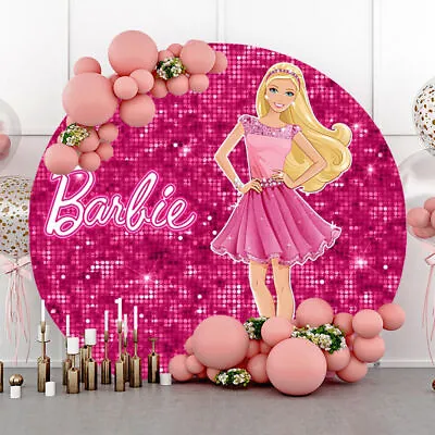 Buy Round Pink Barbie Backdrop Cover Girls Birthday Party Photo Booth Background • 50.39£