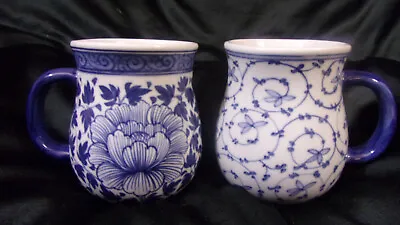 Buy [2] Oriental Floral Blue/white Hand Painted Porcelain Bubble 4.25  Mugs Thailand • 19.21£