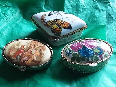 Buy 3x Pill Trinket Boxes CeramicTriangular Butterly Oval Enamel Flowers Vintage • 5£