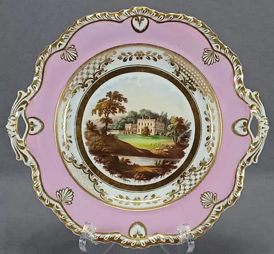 Buy Ridgway Pattern 1321 Pink Border & Hand Painted Elizabethan House Dessert Plate • 389.81£