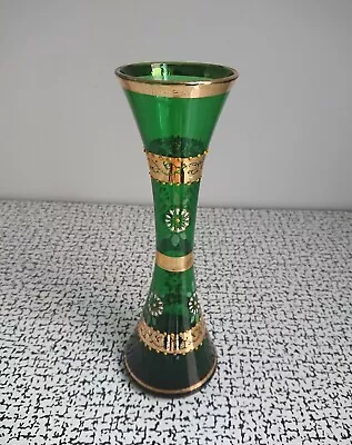 Buy Vintage Antique Bohemian Green Glass Gold Gilt Vase Applied Enamel Daisy Flowers • 25£