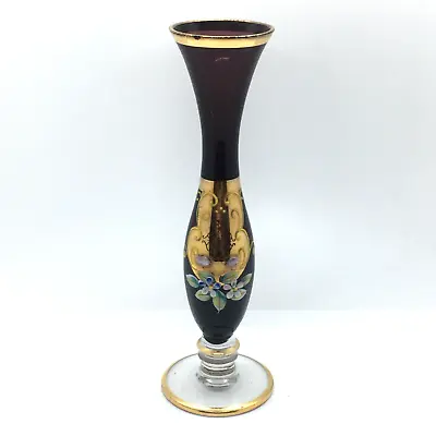 Buy Vintage Czech Bohemian Hand Painted & Gilded Burgundy Gold Narrow Glass Vase • 19.99£