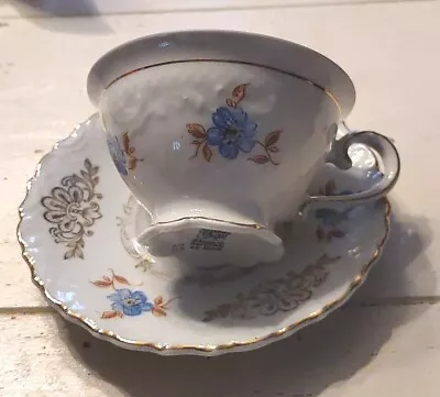 Buy Bavarian Schumann Demi Cup/Saucer Embossed Blu Flwrs Gld Accents Germany/US Zone • 17.26£