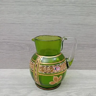 Buy Vintage Czech Bohemian Green Glass Small Pitcher Jug Gold And Enamel • 10£