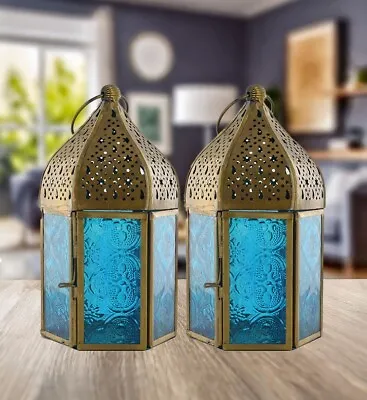 Buy Pair Of Moroccan Style Lantern Hanging Antique Blue Tea Light Candle Holder • 23.95£
