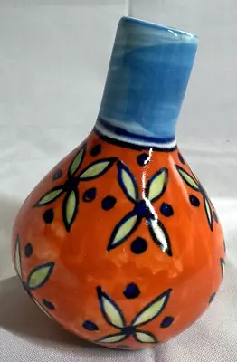 Buy Mexican Folk Art Pottery Talavera Hand-Painted Vase 5  -  Bright Orange & Blue • 15.56£