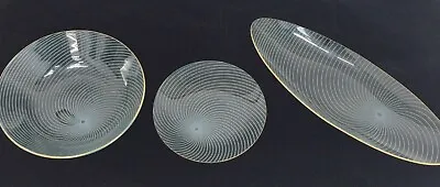 Buy Set Of 3 Vintage 1980's Retro Art Deco Glassware Stripe Pattern Gold Tone Trim • 4.99£