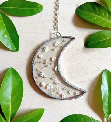 Buy Stained Glass Crescent Moon With Pressed Gypsophila Suncatcher Hanging Decor  • 17.99£