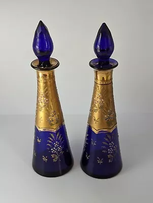 Buy Pair Of Bohemian Cobalt Blue Gilt Decorated Scent Bottles • 24.99£