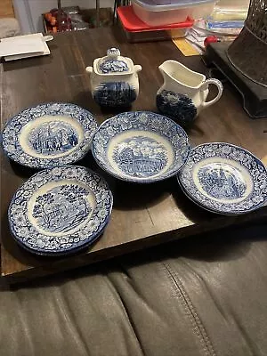 Buy Vintage 8 Pcs. Set Of Liberty Blue Staffordshire China Historic Colonial Scenes • 114.74£