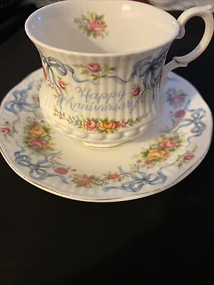 Buy Queens Rosina Happy Anniversary Tea Cup Saucer Fine Bone China Made In England • 16.09£