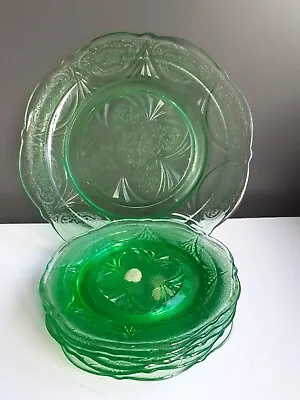 Buy Hazel Atlas Royal Lace Plates X 7. Green Depression Glass With Label Vintage USA • 44.90£