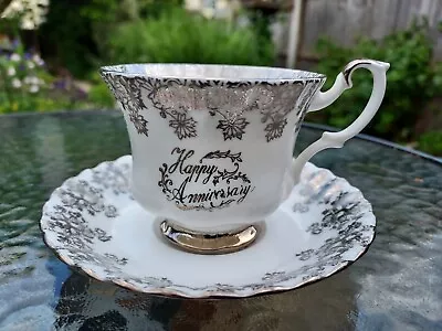 Buy Vintage Royal Albert Bone China Happy Anniversary Cup And Saucer Silver Trim • 12.25£