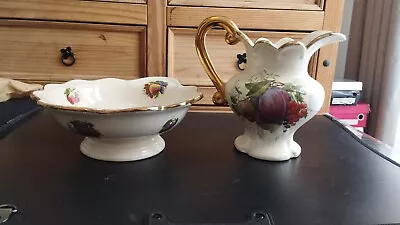 Buy KLM Staffordshire Pottery Jug And Bowl Fruit Pattern Gold Trim • 49.99£
