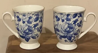 Buy 2x Royal Grafton Fine Bone China Blue White Gold Trim Floral Footed Mugs 10.5cm • 12.99£