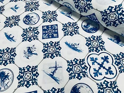 Buy Dutch Tile Delft Blue Fabric Windmill Holland Tulips Cotton Curtains - 55  Wide • 0.99£