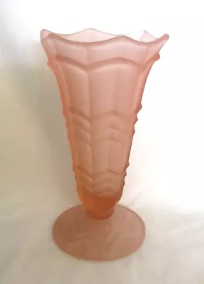 Buy *REDUCED*  ART DECO Pink Frosted Glass 'Chevron' Vase On Foot. 8  • 8.99£