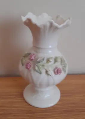 Buy Belleek Pottery Ribbon Spill Vase With Embossed Pink Flowers 11th Mark 2001-07 • 24.99£