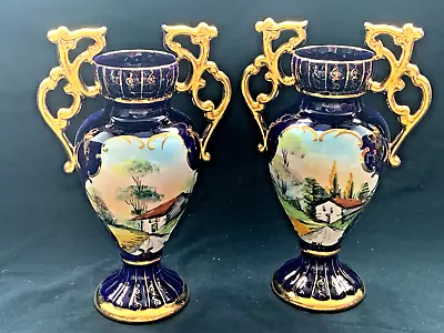 Buy PAIR Of Alcobaca Hand Painted Vintage Vases From Portugal Pottery Pot 10  /26cm • 23.50£