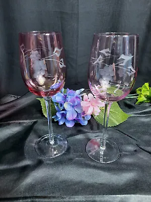 Buy 2 Amethyst Purple Wine Glasses Hand Cut Grapes Design • 22.14£