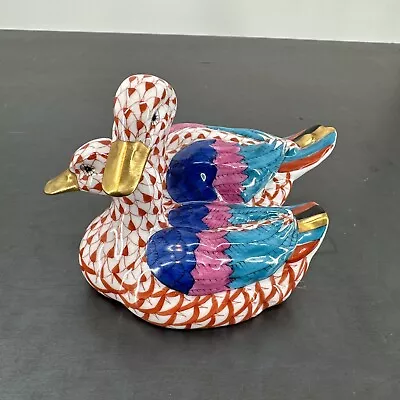 Buy Herend Fishnet Porcelain Pair Of Ducks Figurine Red/Rust Color Vintage 4”x3”x3” • 342.49£