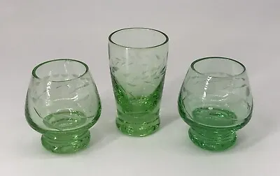 Buy 3 Depression Glass Shot Glasses Green Etched Leaf Design Vintage 2  & 2.25  Tall • 17.08£