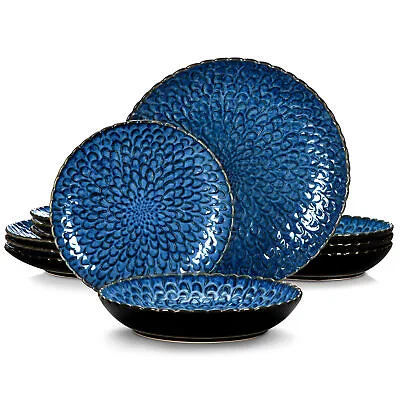 Buy Vancasso CHRYS Blue Dinner Set 12 Piece Stoneware Plates Bowls Set Service For 4 • 62.99£