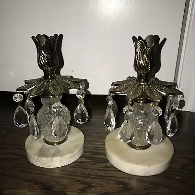Buy Vintage Crystal Brass Italian Marble Glass Victorian Candle Holder Pair Prisms • 67.93£
