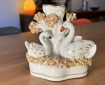 Buy Antique Victorian Staffordshire Spill Vase Swans Flower Encrusted 11.75cm High • 3.99£