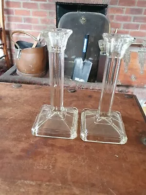 Buy Pair Of Hand Made Vintage Glass Candle Holders,Have A Slight Colour To Them 8  • 11.99£